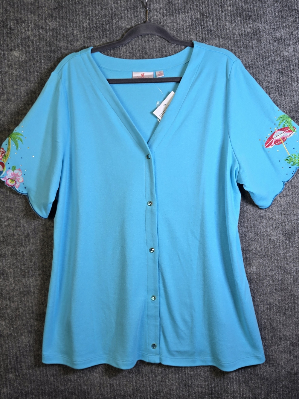 Quacker Factory Top Womens 1X Blue Tropical Embroidered Knit Button Up Beach New